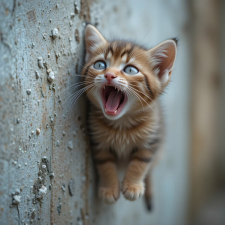 Cute little kitten sitting on the wall and yawning. Selective focus.の素材