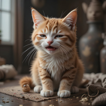 Cute ginger kitten sitting on the floor and looking at camera.の素材