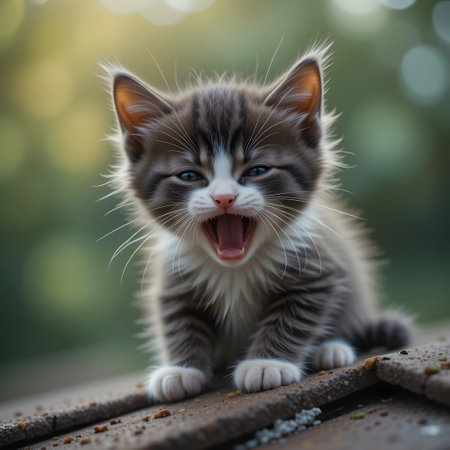 Cute little kitten with open mouth sitting on a wooden table.の素材