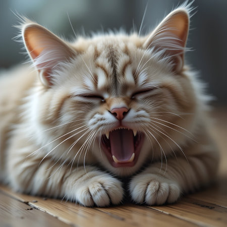 Portrait of a cat yawning on a wooden floor. Shallow depth of fieldの素材