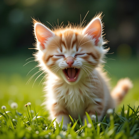 Cute little kitten yawning on the grass in the garden.の素材