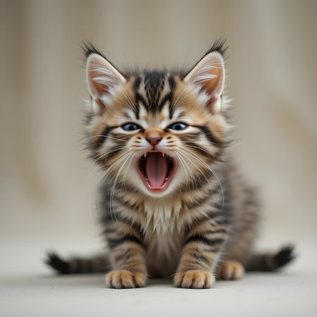 Siberian kitten on a light background. The kitten is yawning.の素材