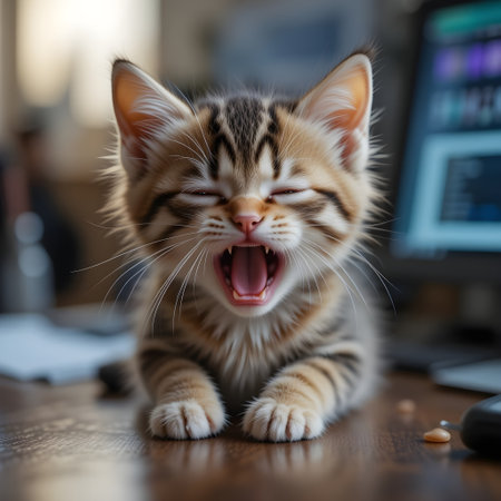 Cute little bengal kitten yawning in the office.の素材
