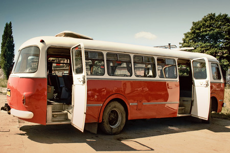 Old, red, polish bus, called \"ogorek\", used in 60s and 70s. Open door.のeditorial素材