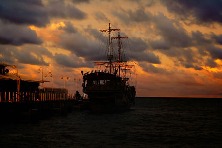 A  retro ship moored to  Sopot Pier. Polandのeditorial素材