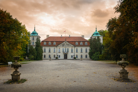 Nieborow, Poland - September 30, 2016: Entrance to Radziwill family palace of Nieborow, in baroque style, surrounded by a french garden.のeditorial素材