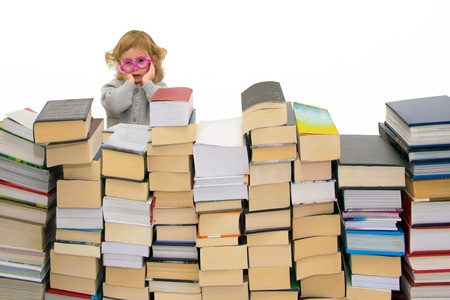 Three year old girl in pink glasses worried excess lessons. Isolated on white.の写真素材