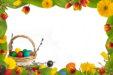 Easter frame decoration  with  eggs, flowers and catkins on white background.の写真素材