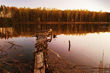 Footbridge over the Lake Zierczyk.  Masuria, Poland.の写真素材