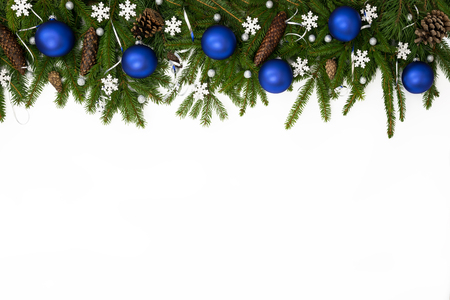 Christmas upper decoration with blue balls, stars  and cones  on white background.の写真素材