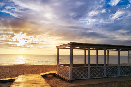Sun rises over coast of the Baltic Sea. Sopot, Poland.の写真素材