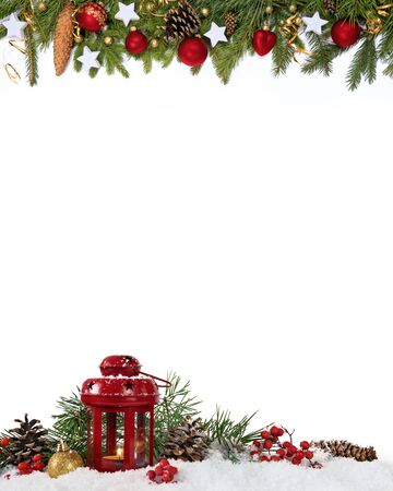 Christmas decoration  four-fifths with lantern, balls, stars, cones on white background.の写真素材