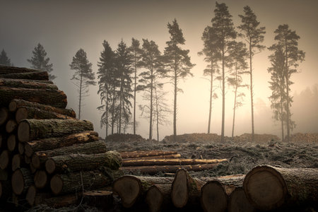 Sunrise over cut down trees. January landscape. Masuria, Poland.