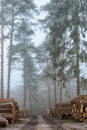 Frosted deforestation place in the  morning. January landscape. Masuria, Poland.