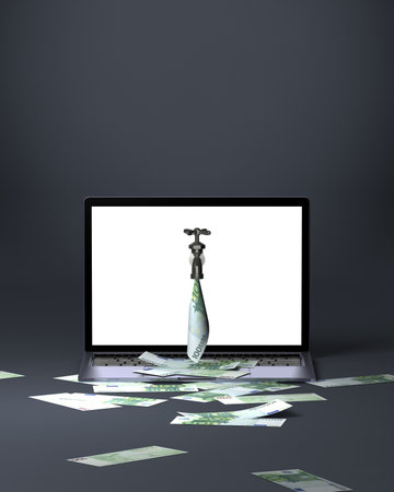 Euro notes leaking from personal computersの写真素材