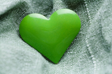 Green iron heart shape on the textile backgroundの写真素材