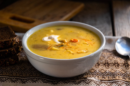 Vegetable soup with cheese in a white bowl on a wooden table on a kitchen napkin.の写真素材