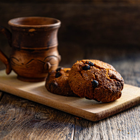 Oatmeal cookies and a cup of coffee on a wooden table.