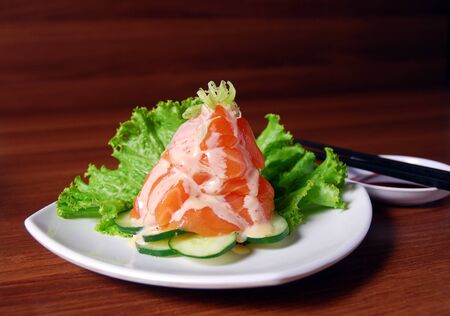 Japanese food styling presentation with lettuce and cucumberの写真素材