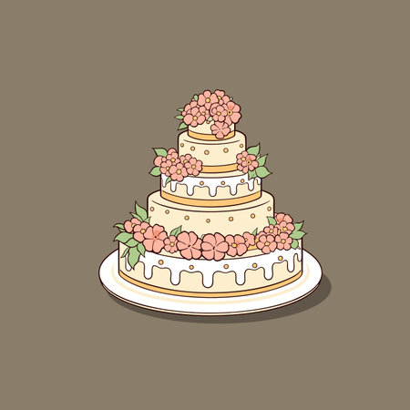 Wedding cake with flowers. Vector illustration on a brown background.
