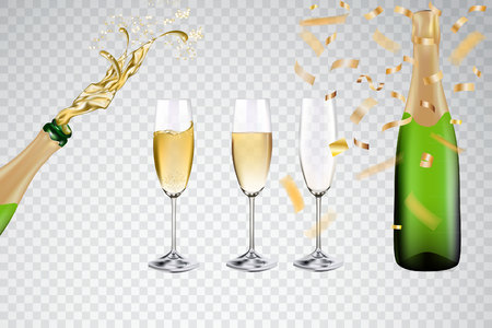 Champagne with glasses and golden ribbon confetti Vector stock.のイラスト素材