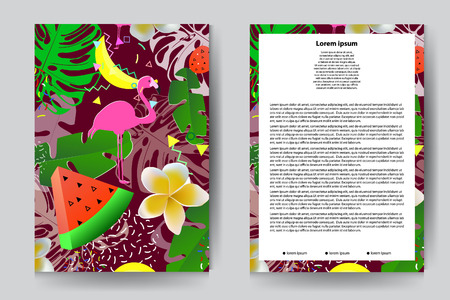 Summer design for brochure template with palm leaves, flamongo, plumeria flowers and fruits. Set - vector stock.のイラスト素材