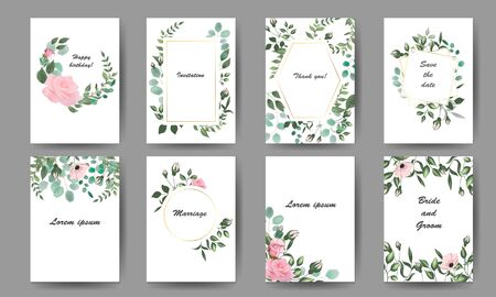 Floral vector template for invitation. Botanic cards with spring flowers. Hand drawn  illustration.のイラスト素材