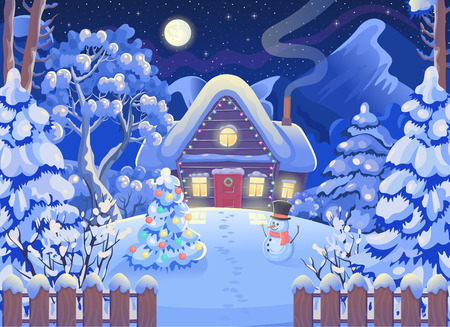 Winter tree, sky, snowman, Christmas tree. Vector drawing illustration in cartoon style. Horizontal background. Christmas card.のイラスト素材