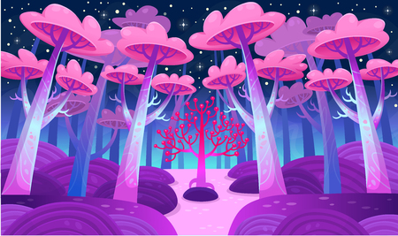 A gaming background, nature landscape. Night forest with magical trees and a lake. Cartoon style vectorのイラスト素材