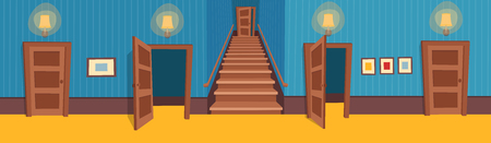 Interior room with stairs and doors. Vector illustration of cartoon corridor.のイラスト素材