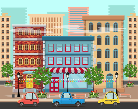 Panorama of the city with trees, houses, lanterns, road with cars. Vector illustration.のイラスト素材