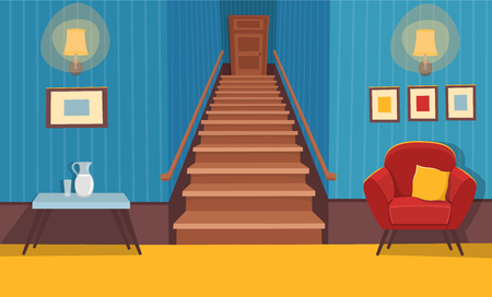 Interior room with a stairs. Vector illustration of cartoon corridor.のイラスト素材