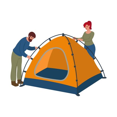 Man and woman putting up a tent together. Vector illustration in flat cartoon styleのイラスト素材