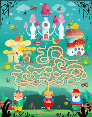 Vector illustration. Fun game labyrinth, maze for Children. Which gnome lives in which mushroom house?のイラスト素材