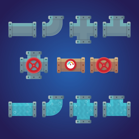 Set of pipes plumbing. Elements for games and mobile applications. Vector illustration in cartoon style.のイラスト素材