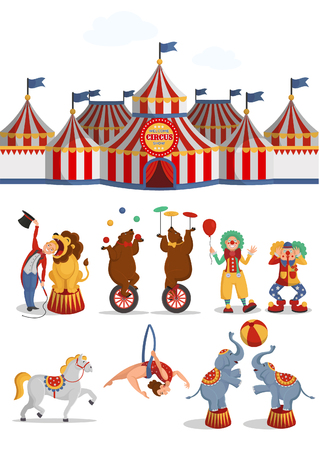 Circus set: tent, lion, bears, aerial acrobat, clowns, horse, elephants. Vector cartoon illustration on white background.のイラスト素材