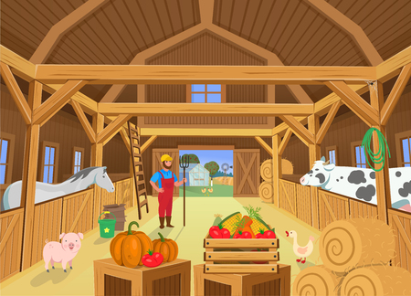 A barn with animals and farmer, view inside. Vector illustration in cartoon styleのイラスト素材