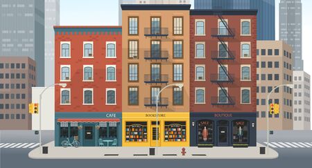 City building houses with shops: boutique, cafe, bookstore. Vector illustration in flat style.の写真素材