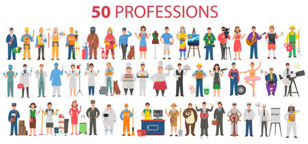 50 professions. Big set of professions in cartoon flat style for children. International Workers' Day, Labor Dayのイラスト素材