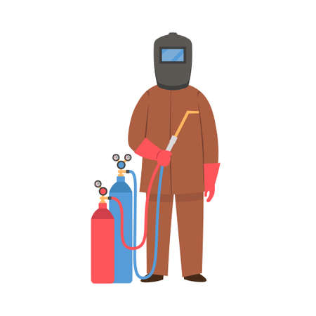 Cartoon welder with welding equipment, character for children. Flat vector illustrationのイラスト素材