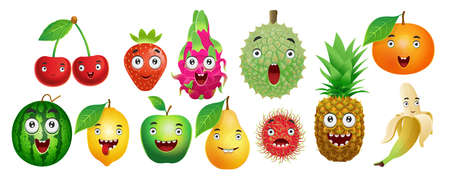 Set of cartoon fruits for kids.Cherry, strawberry, dragon fruit, durian, orange, watermelon, lemon, apple, pear, rambutan, pineapple, banana.Vector.のイラスト素材