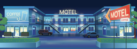 Vector cartoon illustration of night motel with cars and coffee bar.のイラスト素材