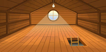 The wooden attic interior with a window and stairs. Vector cartoon illustration.のイラスト素材