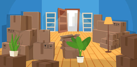 House moving concept. Room with many boxes open door and empty shelves.のイラスト素材