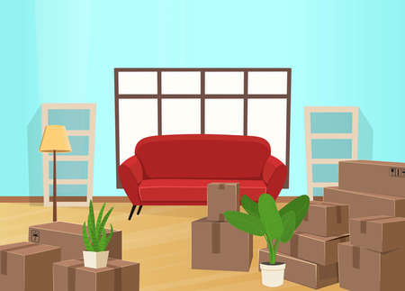 House moving concept. Room with many boxes open door and empty shelves.のイラスト素材