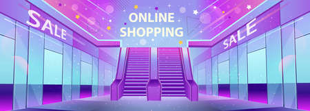 Online shopping. Shopping mall with stores and an escalator. Online store on screen with hands. Concept of mobile marketing and e-commerce.のイラスト素材