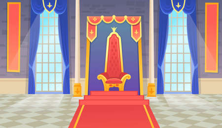 Vector castle hall with a king throne and windows. Ð¡artoon illustration.のイラスト素材