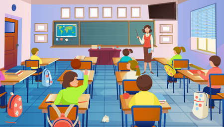 Cartoon classroom interior with view on blackboard, school desks with chairs, bookcase, door and window. Flat Vector Illustration.のイラスト素材