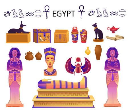 Egypt set in cartoon style with a sarcophagus, chests, statues of the pharaoh with the ankh, a cat...