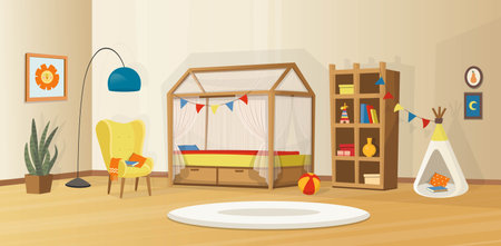 Cozy kids interior with toys, bed, bookcase, armchair, kids tent and lamp. Scandinavian vector interior in cartoon style.のイラスト素材